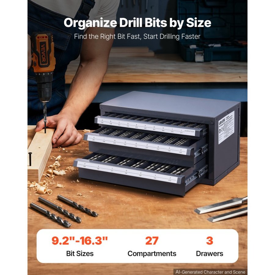 VEVOR Drill Bit Dispenser Cabinet, Three-Drawer Drill Bit Organizer Cabinet for A to Z, Steel Drill Dispenser Organizer Cabinet with Labels, Stackable Drill Dispenser for Drill Bit Storage