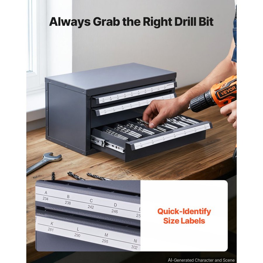 VEVOR Drill Bit Dispenser Cabinet, Three-Drawer Drill Bit Organizer Cabinet for A to Z, Steel Drill Dispenser Organizer Cabinet with Labels, Stackable Drill Dispenser for Drill Bit Storage