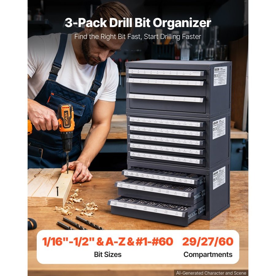 VEVOR Drill Bit Dispenser Cabinet, 3 Pieces Three-Drawer for Letter Sizes A to Z, Five-Drawer Drill Bit Organizer for Wire Gauge Sizes #1 to #60, Stackable for Drill Bit Storage