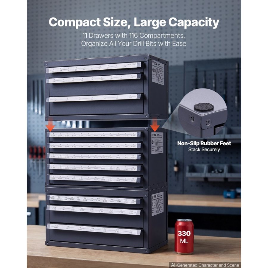 VEVOR Drill Bit Dispenser Cabinet, 3 Pieces Three-Drawer for Letter Sizes A to Z, Five-Drawer Drill Bit Organizer for Wire Gauge Sizes #1 to #60, Stackable for Drill Bit Storage