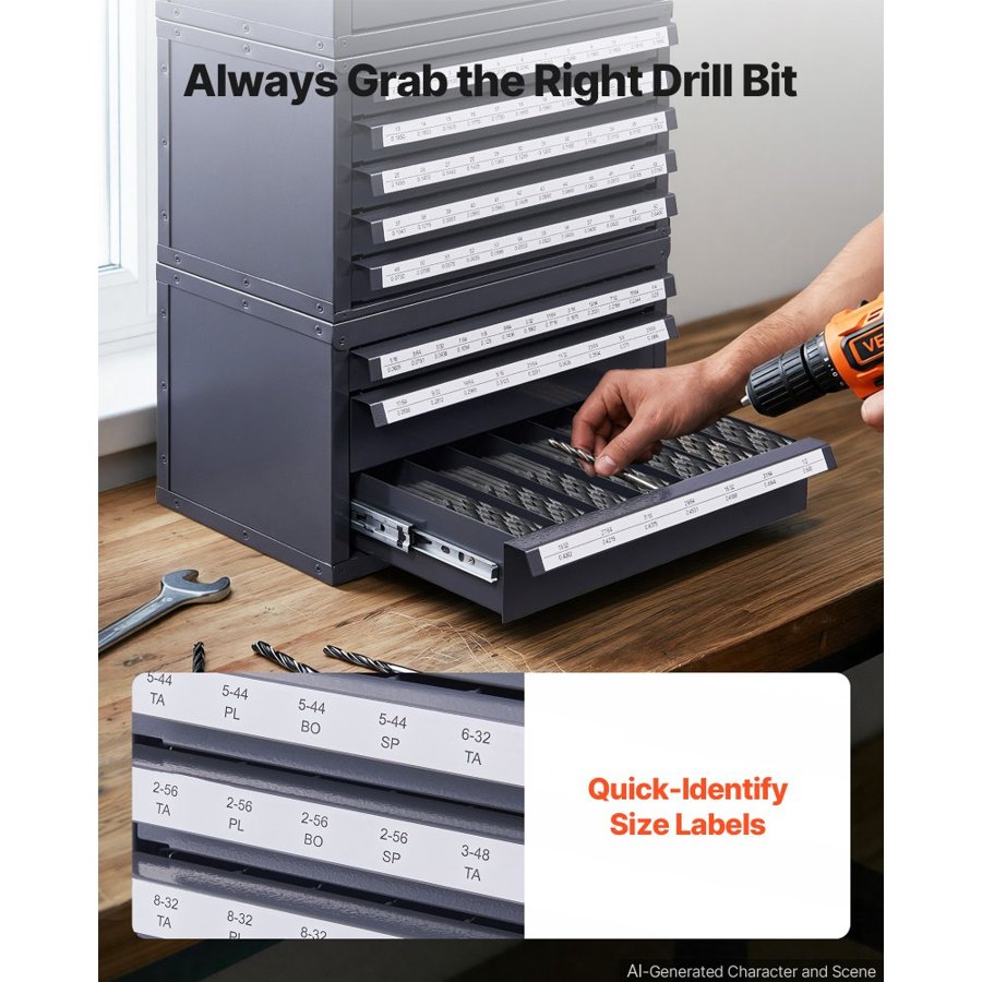 VEVOR Drill Bit Dispenser Cabinet, 3 Pieces Three-Drawer for Letter Sizes A to Z, Five-Drawer Drill Bit Organizer for Wire Gauge Sizes #1 to #60, Stackable for Drill Bit Storage