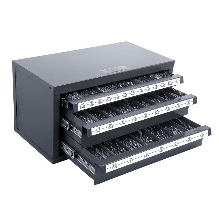 VEVOR Drill Bit Dispenser Cabinet, Three-Drawer Drill Bit Organizer Cabinet for 1.59 mm to 12.7 mm, Steel Drill Dispenser Organizer Cabinet with Labels, Stackable Drill Dispenser for Drill Bit Storage