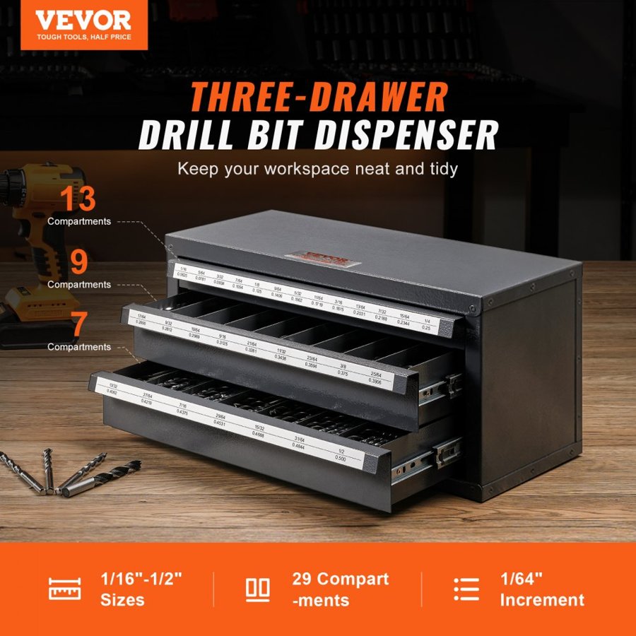 VEVOR Drill Bit Dispenser Cabinet, Three-Drawer Drill Bit Organizer Cabinet for 1.59 mm to 12.7 mm, Steel Drill Dispenser Organizer Cabinet with Labels, Stackable Drill Dispenser for Drill Bit Storage