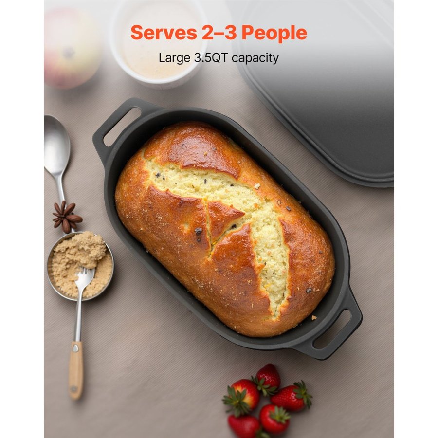 VEVOR Enameled Cast Iron Dutch Oven, 3.3L Pot with Lid and Dual Handles, Heavy-Duty Durable Cookware Pan, Oven Induction Compatible up to 260 ℃, for Braising, Stews, Roasting, Bread Baking, Black