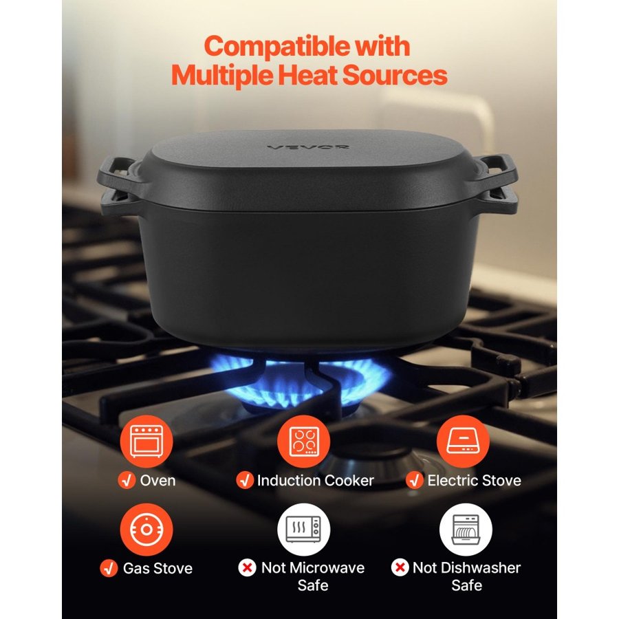 VEVOR Enameled Cast Iron Dutch Oven, 3.3L Pot with Lid and Dual Handles, Heavy-Duty Durable Cookware Pan, Oven Induction Compatible up to 260 ℃, for Braising, Stews, Roasting, Bread Baking, Black