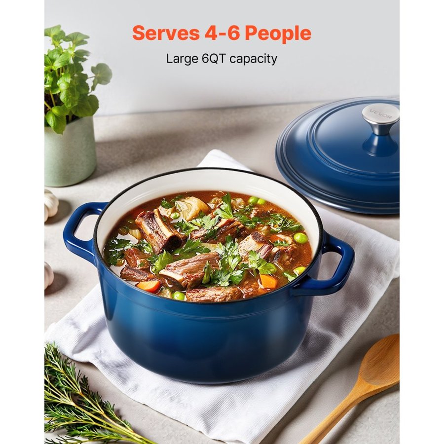 VEVOR Enameled Cast Iron Dutch Oven, 5.7L Pot with Lid and Dual Handles, Heavy-Duty Durable Cookware Pan, Oven Induction Compatible up to 260 ℃, for Braising, Stews, Roasting, Bread Baking, Blue