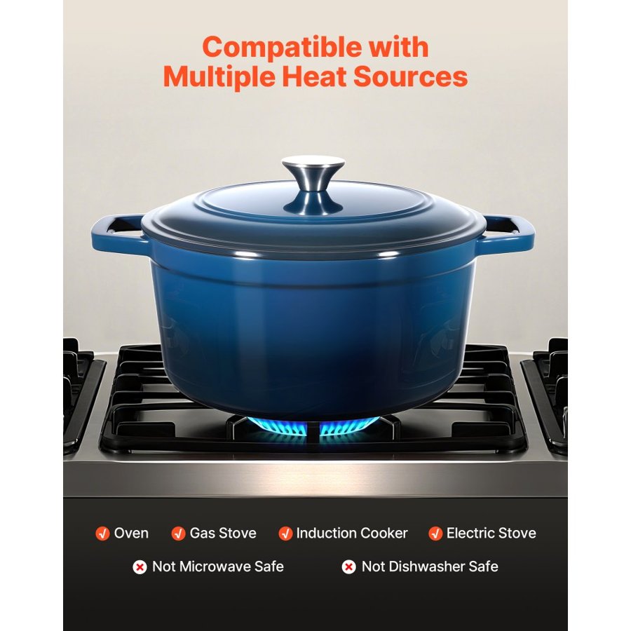 VEVOR Enameled Cast Iron Dutch Oven, 5.7L Pot with Lid and Dual Handles, Heavy-Duty Durable Cookware Pan, Oven Induction Compatible up to 260 ℃, for Braising, Stews, Roasting, Bread Baking, Blue