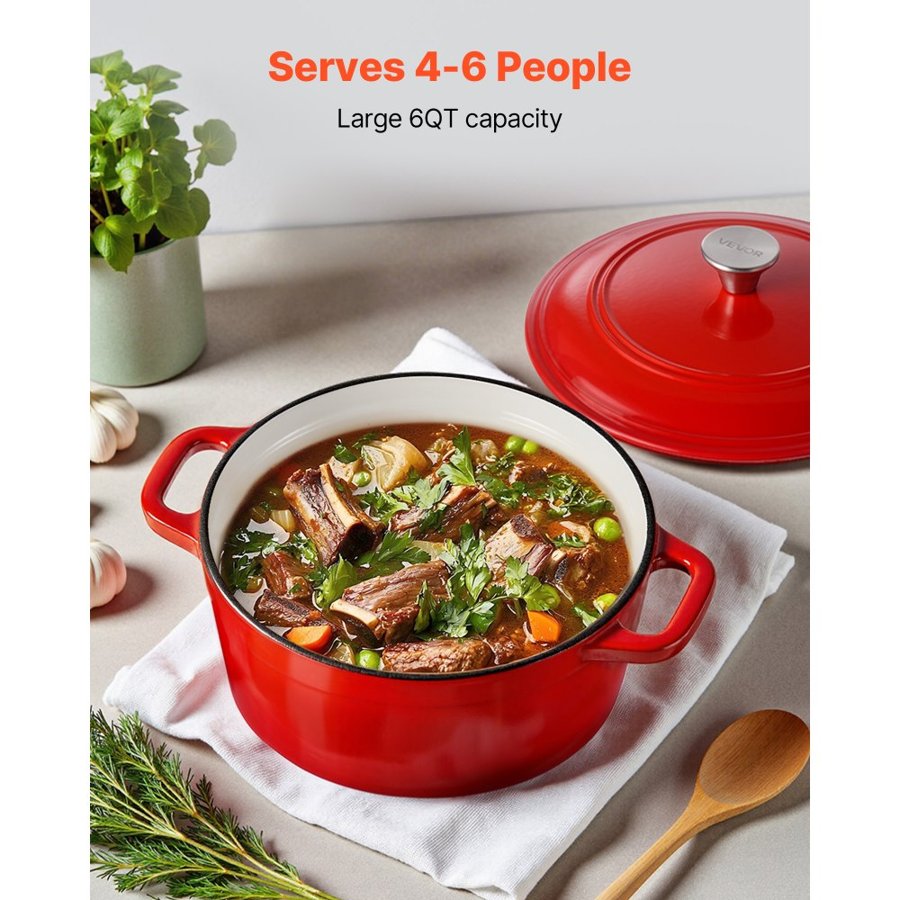 VEVOR Enameled Cast Iron Dutch Oven, 5.7L Pot with Lid and Dual Handles, Heavy-Duty Durable Cookware Pan, Oven Induction Compatible up to 260 ℃, for Braising, Stews, Roasting, Bread Baking, Red