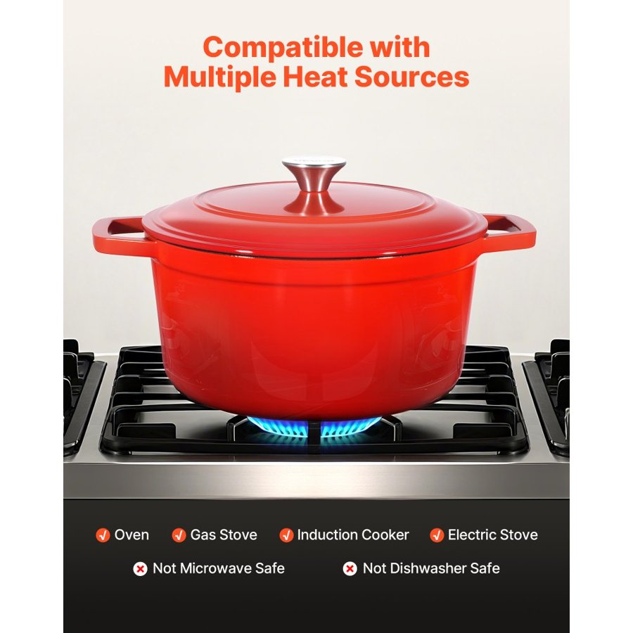 VEVOR Enameled Cast Iron Dutch Oven, 5.7L Pot with Lid and Dual Handles, Heavy-Duty Durable Cookware Pan, Oven Induction Compatible up to 260 ℃, for Braising, Stews, Roasting, Bread Baking, Red