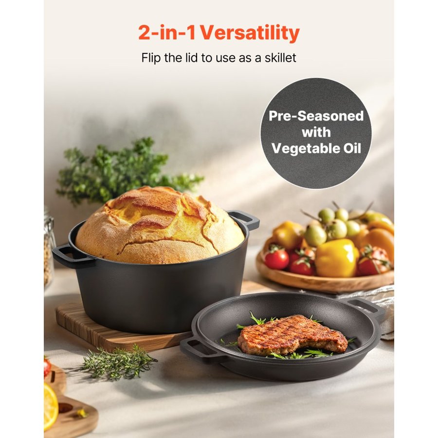 VEVOR Cast Iron Large Dutch Oven – 5 Qt, 2-in-1 Combo Cooker