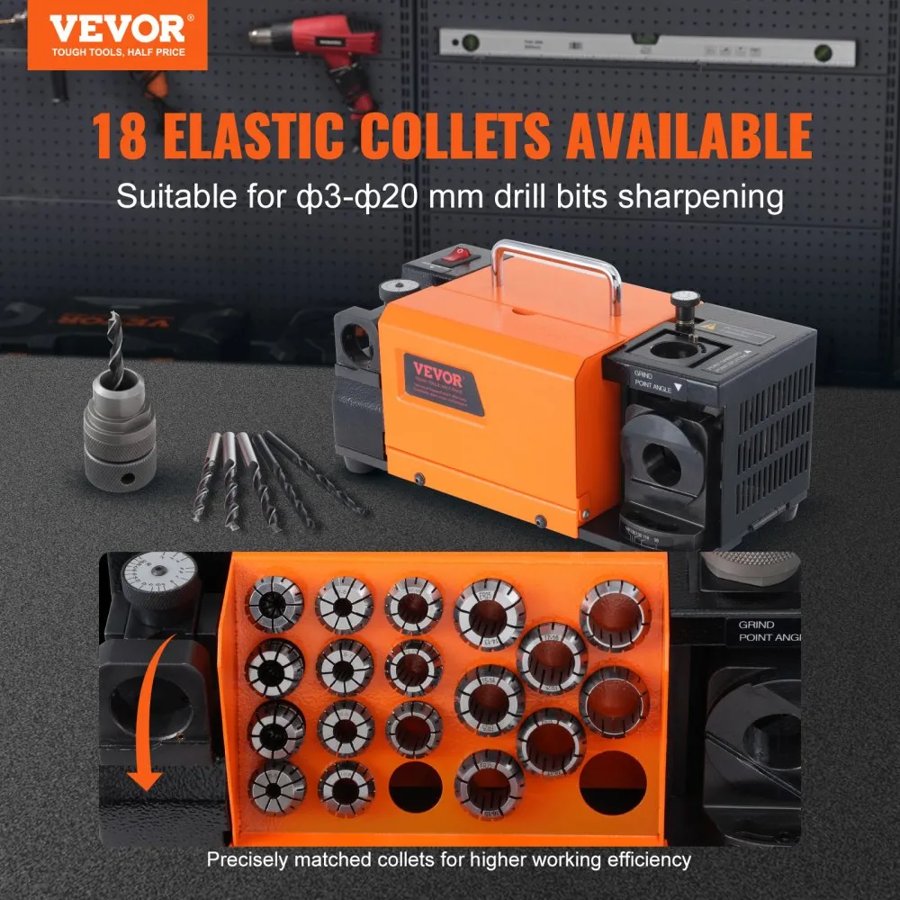 VEVOR MR-20G Drill Bits Sharpener 3-20mm Bits Grinder Sharpener with 18 Collets