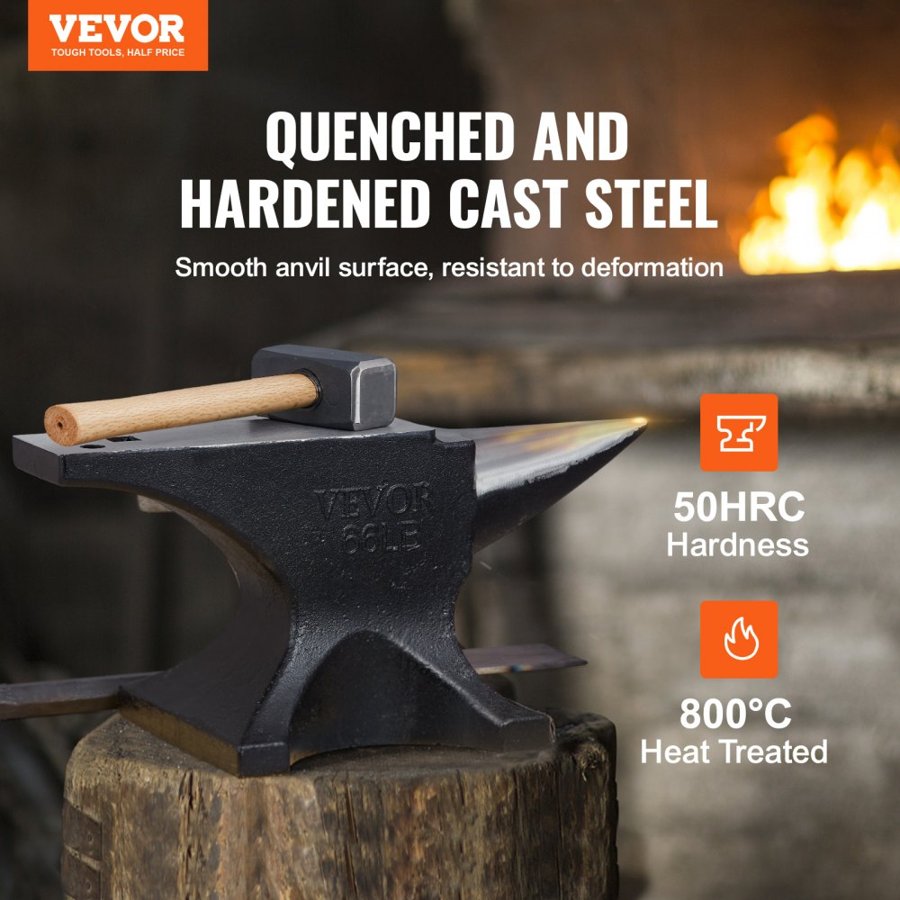 VEVOR Single Horn Anvil, 29.9 kg Cast Steel Anvil, High Hardness Rugged Round Horn Anvil Blacksmith, Large Countertop and Stable Base, with Round and Square Hole, Metalsmith Tool for Bending and Shaping