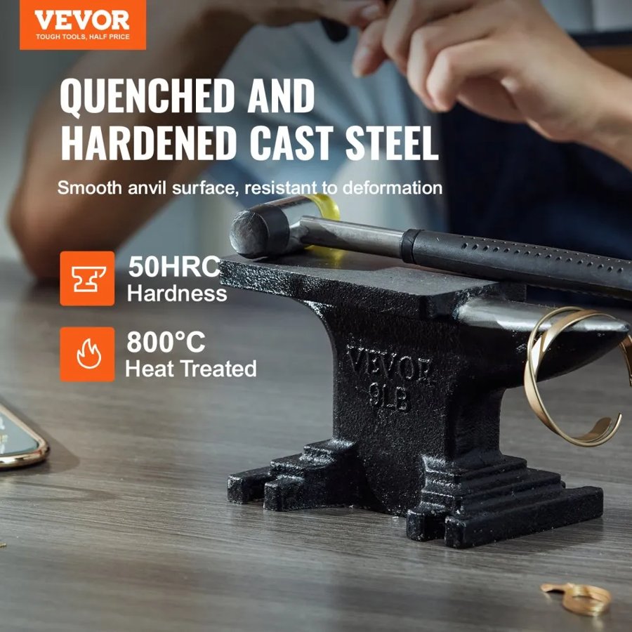 VEVOR Single Horn Anvil, 4 kg Cast Steel Anvil, High Hardness Rugged Round Horn Anvil Blacksmith, Compact Design and Stable Base, Forge Tools and Equipment, Metalsmith Tool for Bending and Shaping