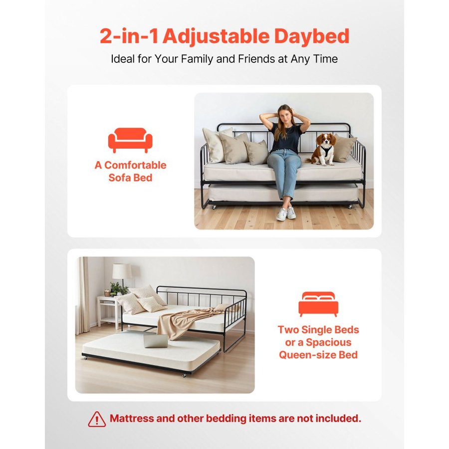 VEVOR Full Size Daybed Frame, Day Bed with Trundle, Heavy Duty Metal Platform Bed Frame, Full Daybed with Metal Slats Support for Living Room, Bedroom, Guest Room, Easy Assembly, Black