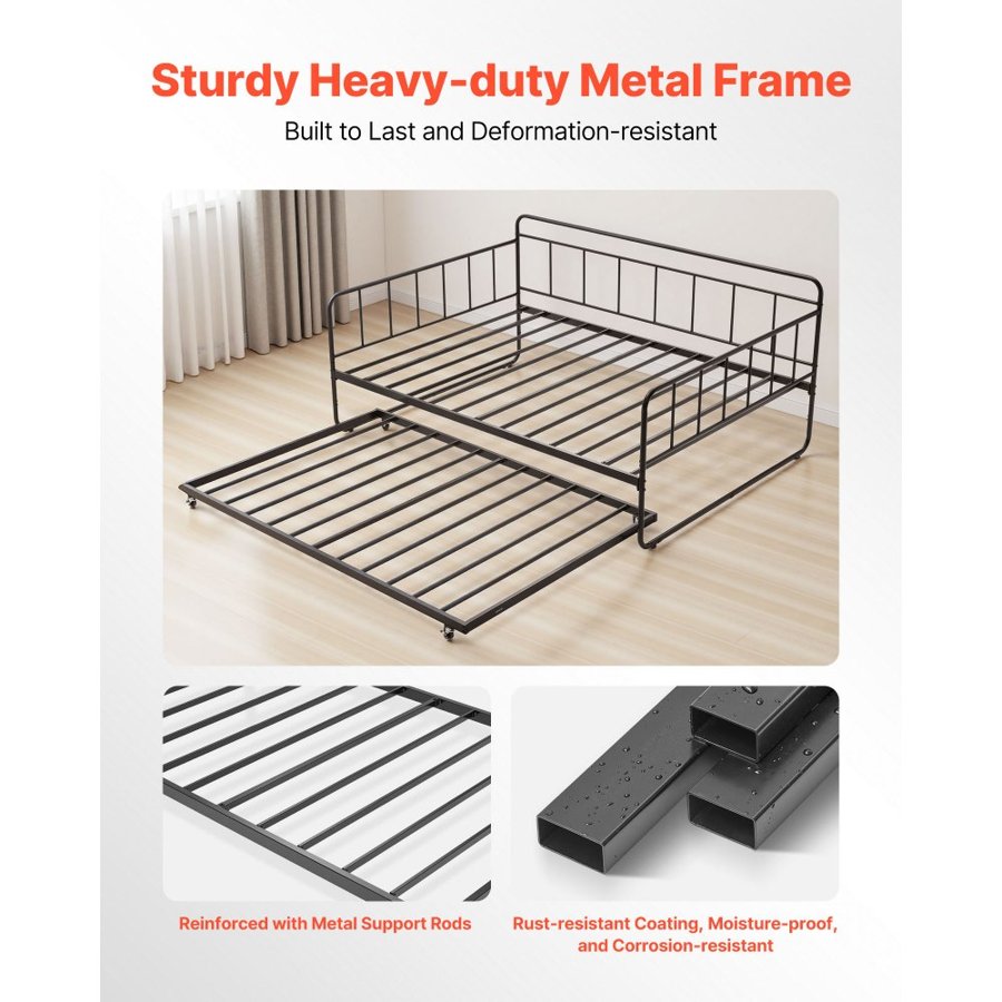 VEVOR Full Size Daybed Frame, Day Bed with Trundle, Heavy Duty Metal Platform Bed Frame, Full Daybed with Metal Slats Support for Living Room, Bedroom, Guest Room, Easy Assembly, Black