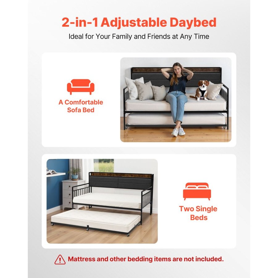 VEVOR Twin Size Daybed Frame, Day Bed with Trundle, Heavy Duty Metal Platform Bed Frame with Charging Station, Twin Daybed with Metal Slats Support for Living Room, Bedroom, Guest Room, Easy Assembly