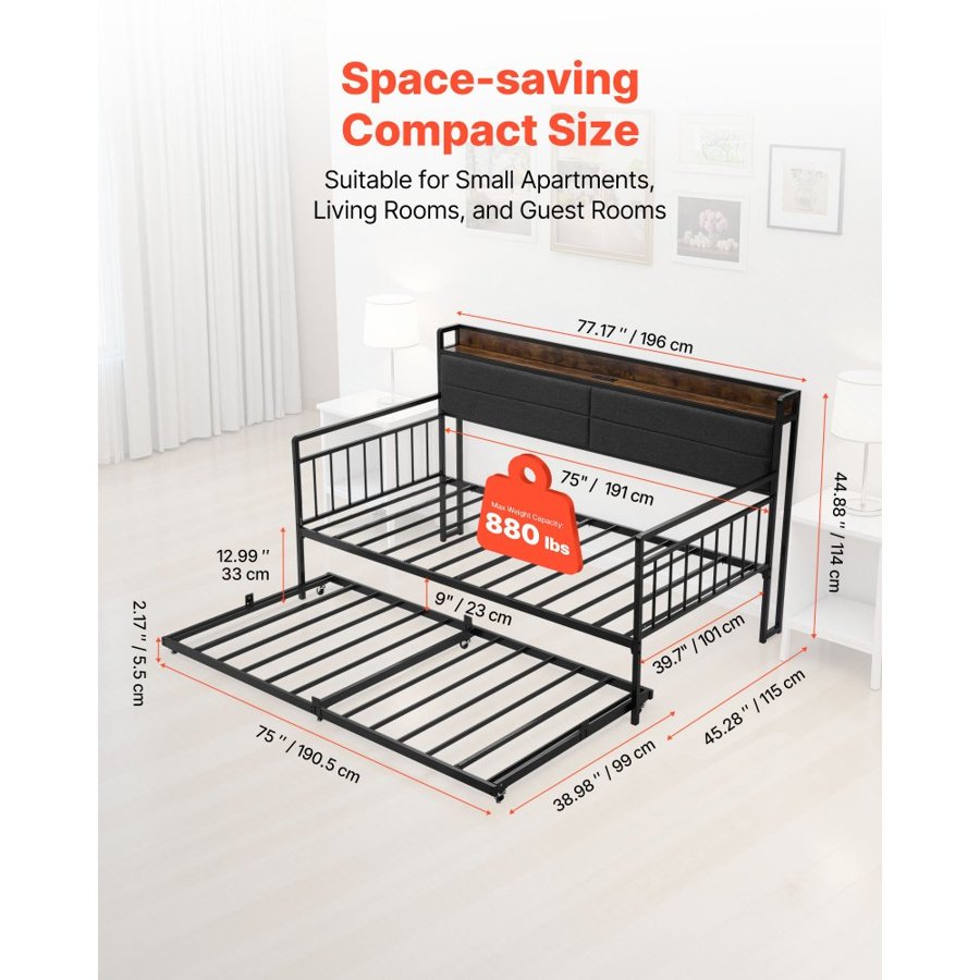 VEVOR Twin Size Daybed Frame, Day Bed with Trundle, Heavy Duty Metal Platform Bed Frame with Charging Station, Twin Daybed with Metal Slats Support for Living Room, Bedroom, Guest Room, Easy Assembly