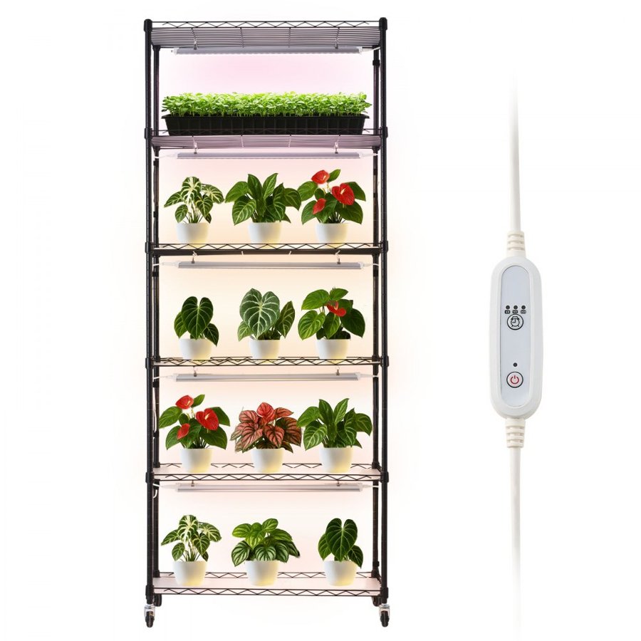 VEVOR Plant Shelf with Grow Light, 6-Tier Indoor Plant Stand, 180cm Tall Plants Display Rack with Wheels & 4/9/14H Timer, 150W 3-Color Full Spectrum Grow Lights, Flower Pot Holder for Seed Starting