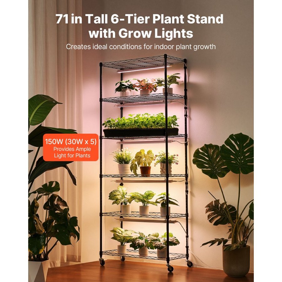 VEVOR Plant Shelf with Grow Light, 6-Tier Indoor Plant Stand, 180cm Tall Plants Display Rack with Wheels & 4/9/14H Timer, 150W 3-Color Full Spectrum Grow Lights, Flower Pot Holder for Seed Starting