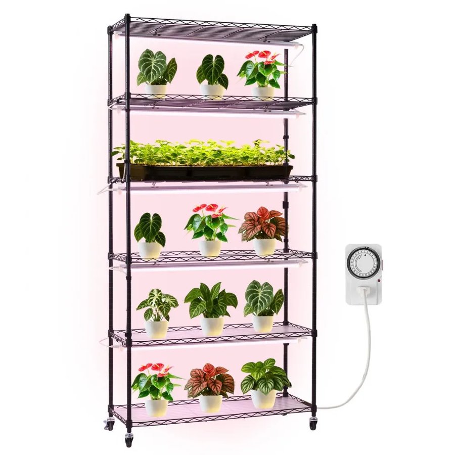 VEVOR Plant Shelf with Grow Light, 6-Tier Indoor Plant Stand, 180cm Tall Indoor Plants Display Rack with Wheels & Timer, 150W 3800K Full Spectrum Grow Lights, Metal Flower Pot Holder for Seed Starting