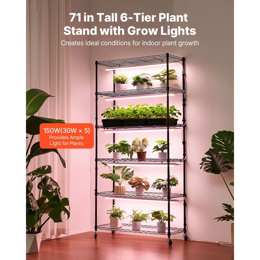 VEVOR Plant Shelf with Grow Light, 6-Tier Indoor Plant Stand, 180cm Tall Indoor Plants Display Rack with Wheels & Timer, 150W 3800K Full Spectrum Grow Lights, Metal Flower Pot Holder for Seed Starting
