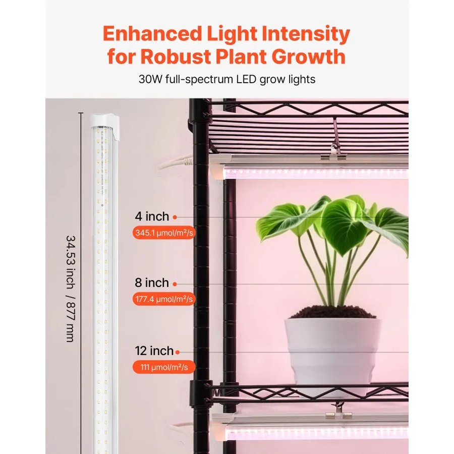 VEVOR Plant Shelf with Grow Light, 6-Tier Indoor Plant Stand, 180cm Tall Indoor Plants Display Rack with Wheels & Timer, 150W 3800K Full Spectrum Grow Lights, Metal Flower Pot Holder for Seed Starting