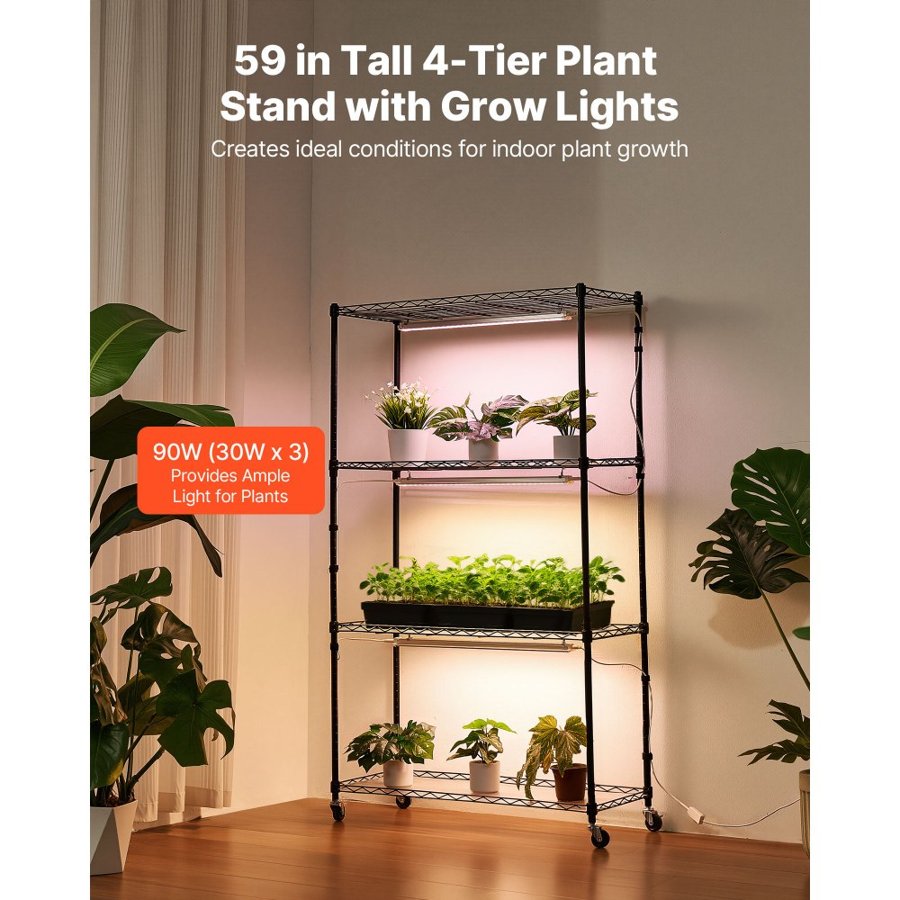 VEVOR Plant Shelf with Grow Light, 4-Tier Indoor Plant Stand, 150 cm Tall Plants Display Rack with Wheels, 90W 3-Color Full Spectrum Grow Lights, Heavy Duty Metal Flower Pot Holder for Seed Starting