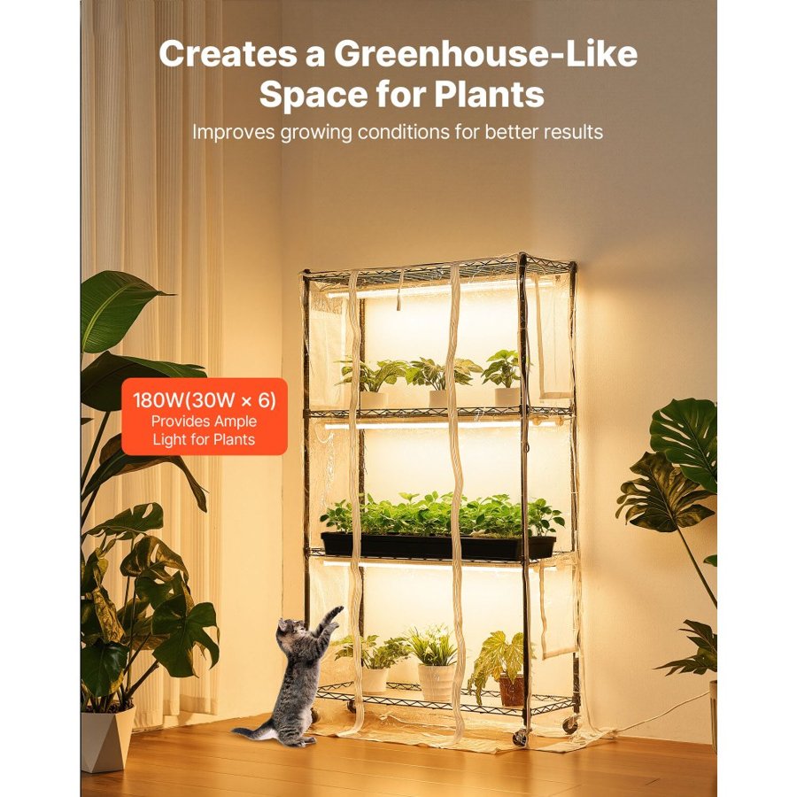 VEVOR Indoor Greenhouse with Grow Light, 150cm Tall 4-Tier Plant Stand with Clear Cover, Timer & Hygrometer, 180W Full Spectrum Grow Lights, Metal Lighted Plants Shelf Holder for Indoor Plants