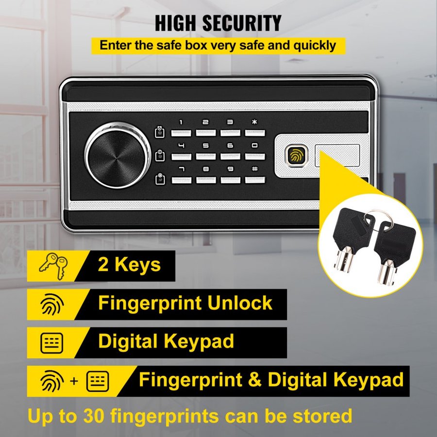 VEVOR Safe Box, 0.0227 m³ Money Safe with Fingerprint Lock and Digital Keypad Lock, Fireproof Home Safe with 2 Keys, Wall-Mounted Security Safe for Cash, Watch, Jewelry, Passport, Document Black