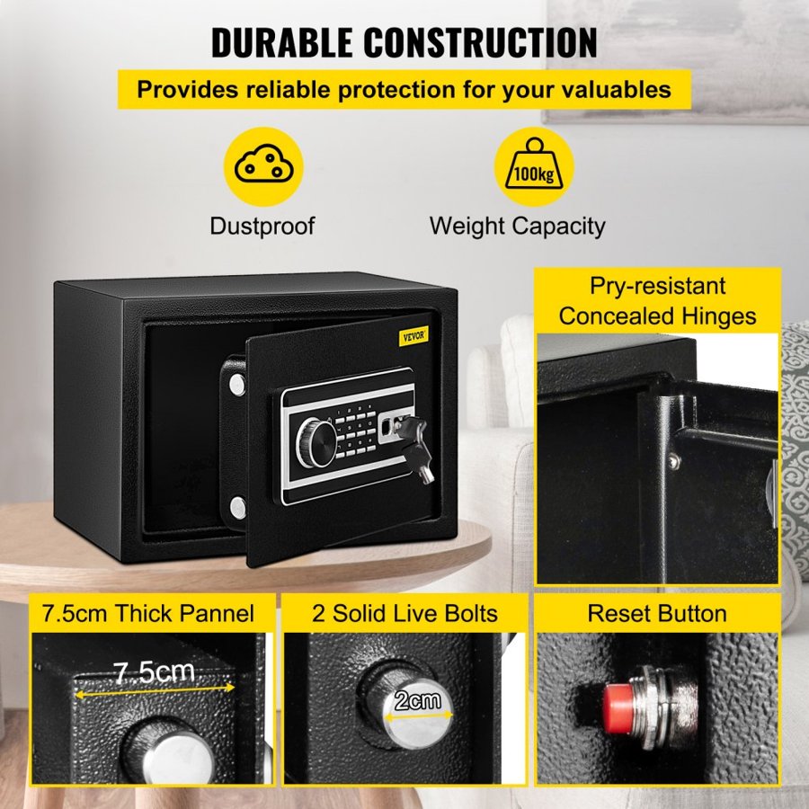 VEVOR Safe Box, 0.0227 m³ Money Safe with Fingerprint Lock and Digital Keypad Lock, Fireproof Home Safe with 2 Keys, Wall-Mounted Security Safe for Cash, Watch, Jewelry, Passport, Document Black