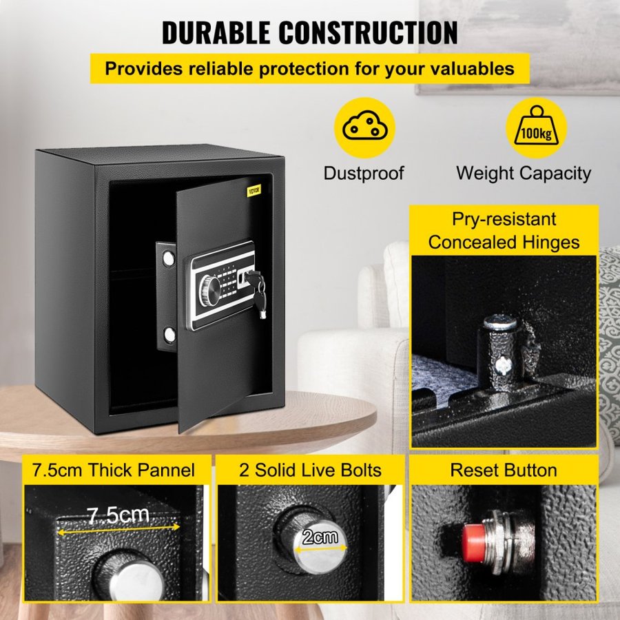 VEVOR Safe Box, 0.048 m³ Money Safe with Fingerprint Lock and Digital Keypad, Fireproof Home Safes with A Removable Shelf, Wall-Mounted Security Safe for Cash, Watch, Passport, Document, Black
