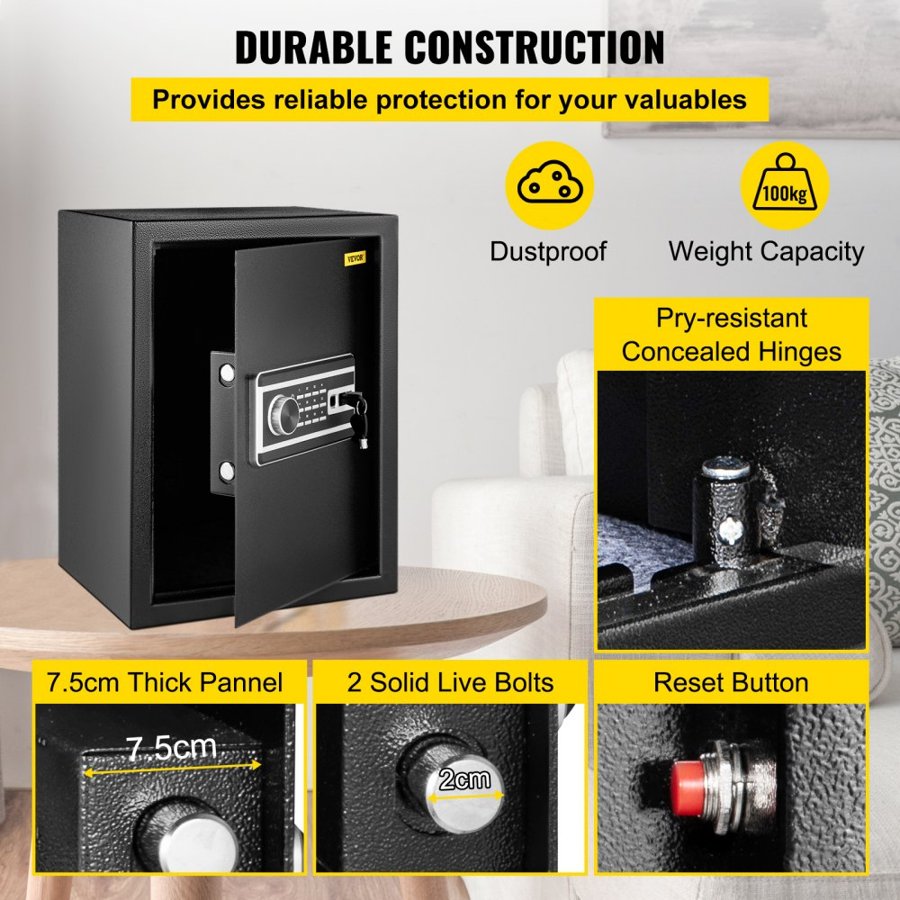 VEVOR Safe Box, 60 L Money Safe with Fingerprint Lock and Digital Keypad, Fireproof Home Safes with A Removable Shelf, Wall-Mounted Security Safe for Cash, Watch, Passport, Document, Black