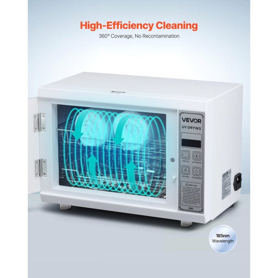 VEVOR Nail Tool Cleaning Machine, 12L Large Capacity, Multi-Functional Tool Cabinet Cleaner Box with Timer Setting, Tempered Glass Door, 185nm Wavelength, for Labs, Home, Nail Salons, Beauty Salons