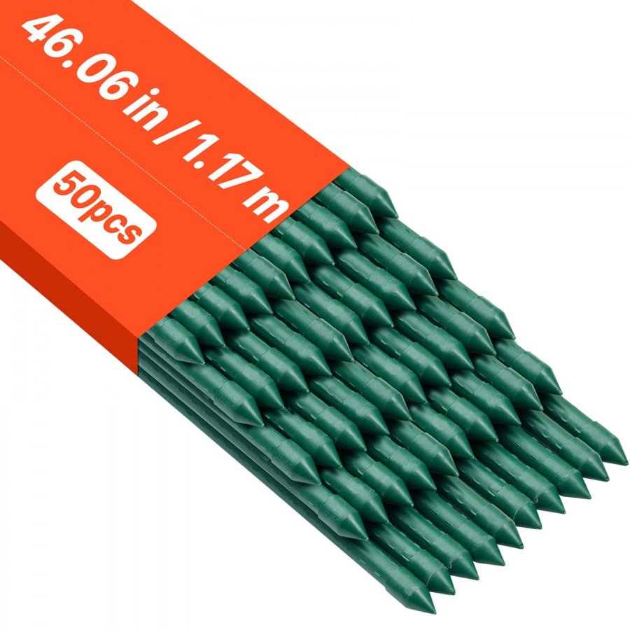 VEVOR Garden Stakes, 50 Pack, 1170 mm, Plastic Coated Metal Tomato Stakes, Garden Sticks for Plants Support, with Pointed End and Non-Slip Bumps for Growing Climbing Plants, Outdoor Vegetables