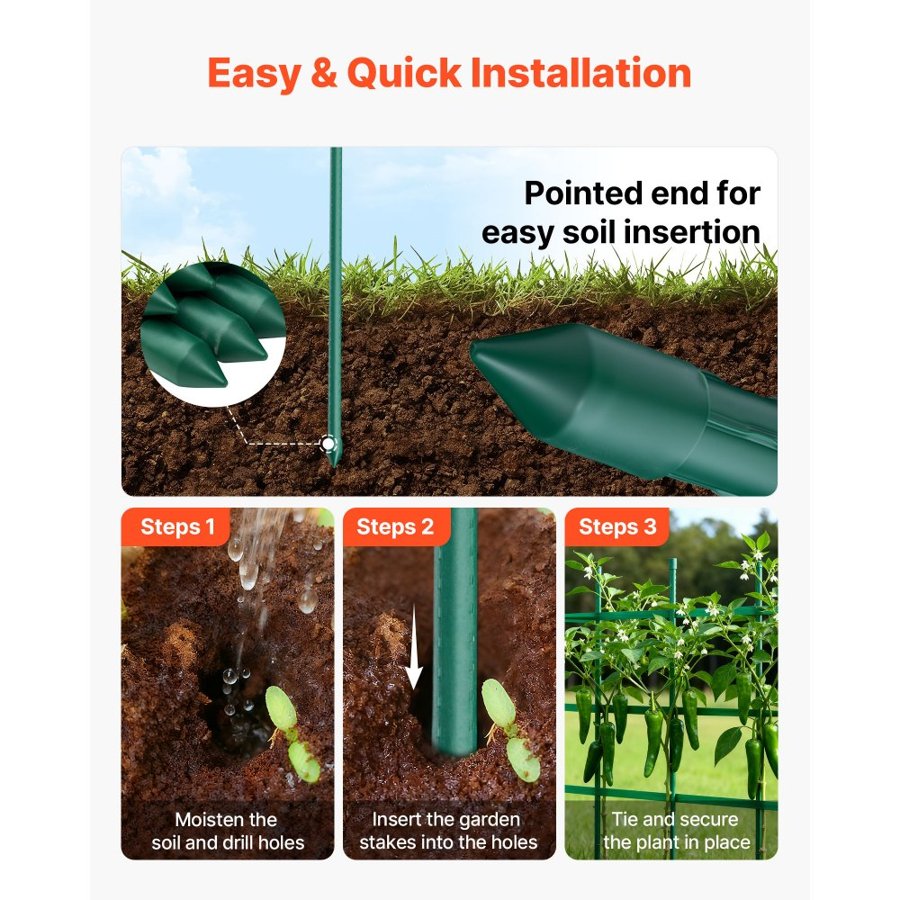 VEVOR Garden Stakes, 50 Pack, 1170 mm, Plastic Coated Metal Tomato Stakes, Garden Sticks for Plants Support, with Pointed End and Non-Slip Bumps for Growing Climbing Plants, Outdoor Vegetables