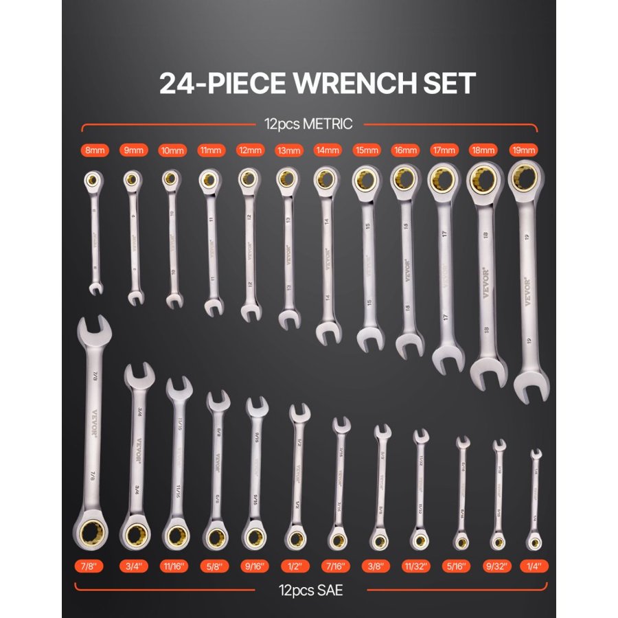 VEVOR Combination Ratcheting Wrench Set – 24 Pc SAE & Metric