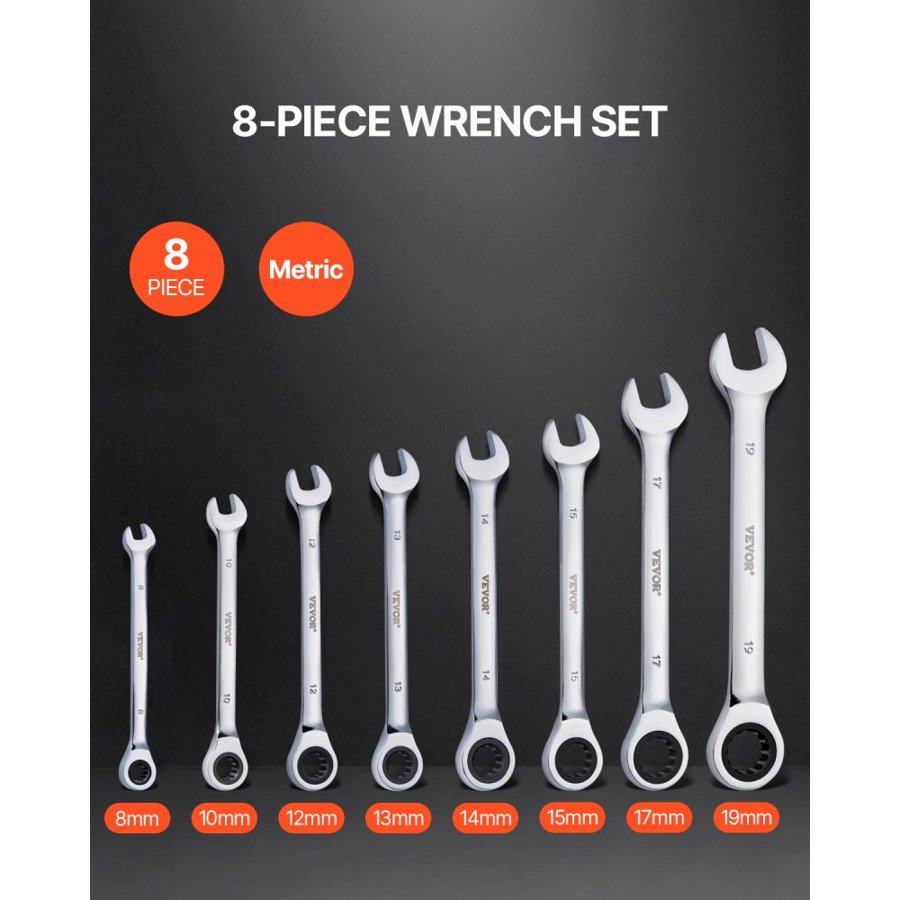 VEVOR Metric Ratchet Wrench Set – 8-Piece, 8-19mm, Silver