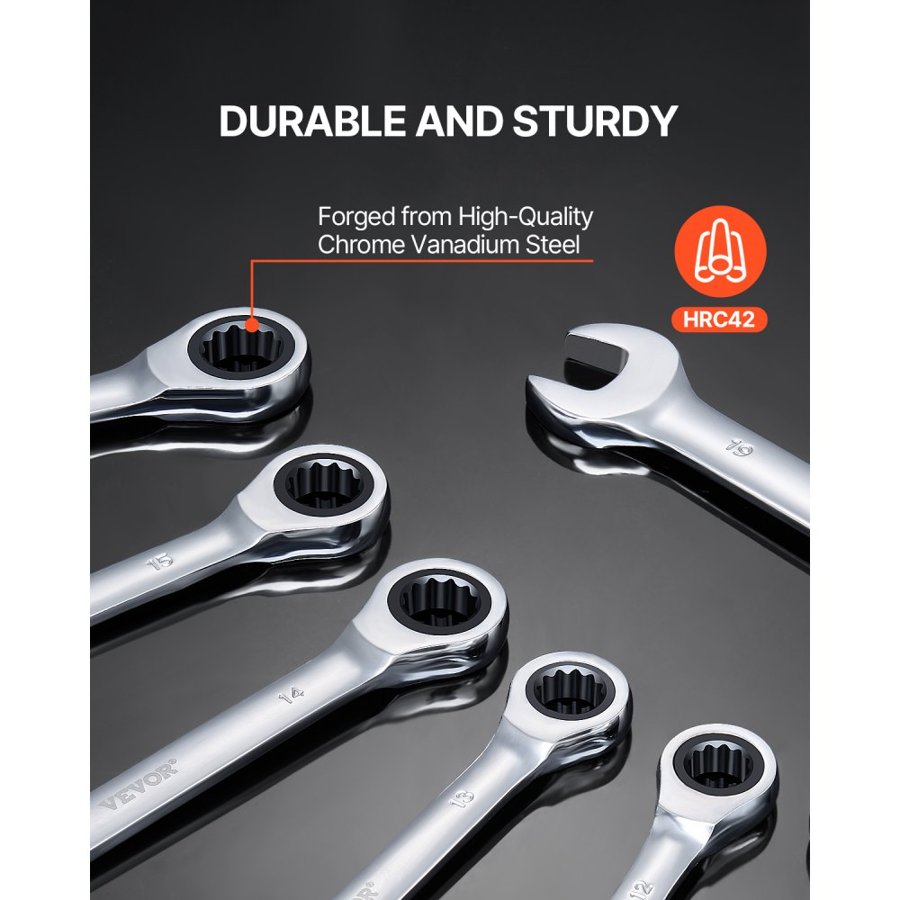 VEVOR Metric Ratchet Wrench Set – 8-Piece, 8-19mm, Silver