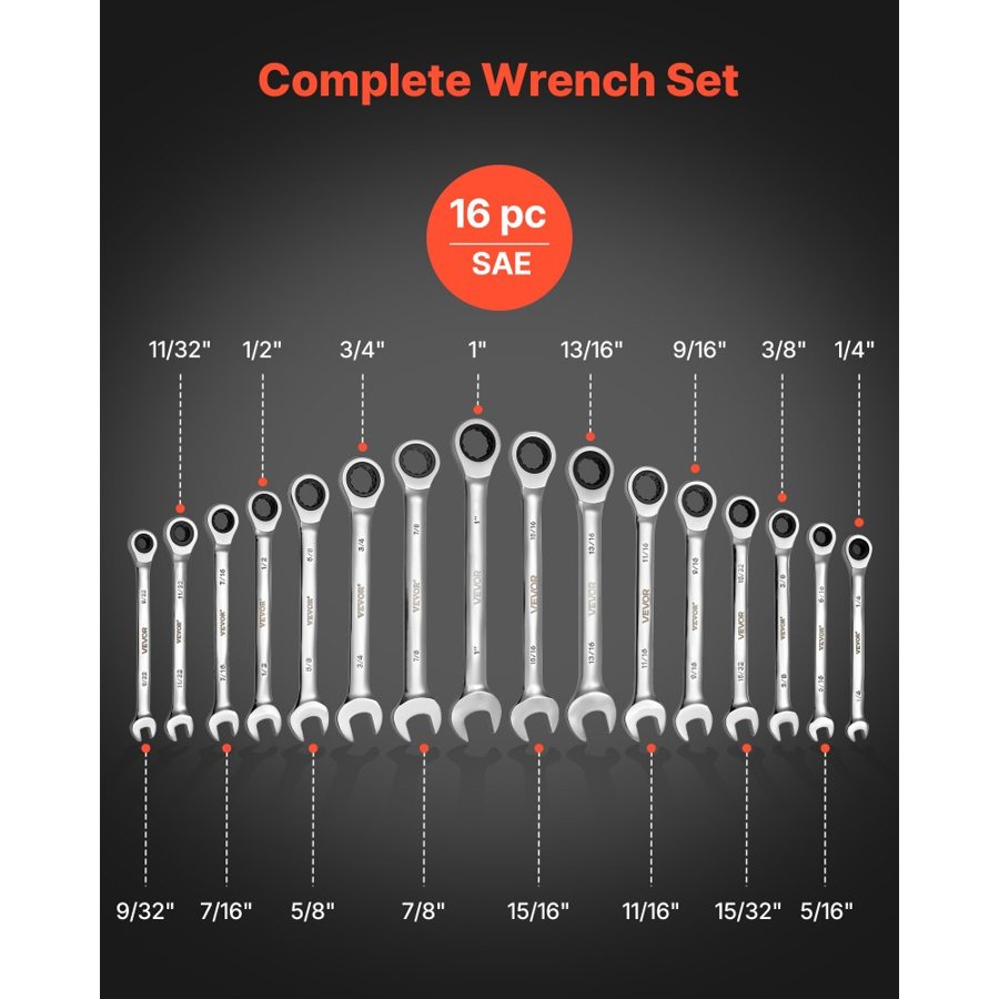 VEVOR Combination Wrench Set – 16PC, 72 Teeth, Cr-V, SAE
