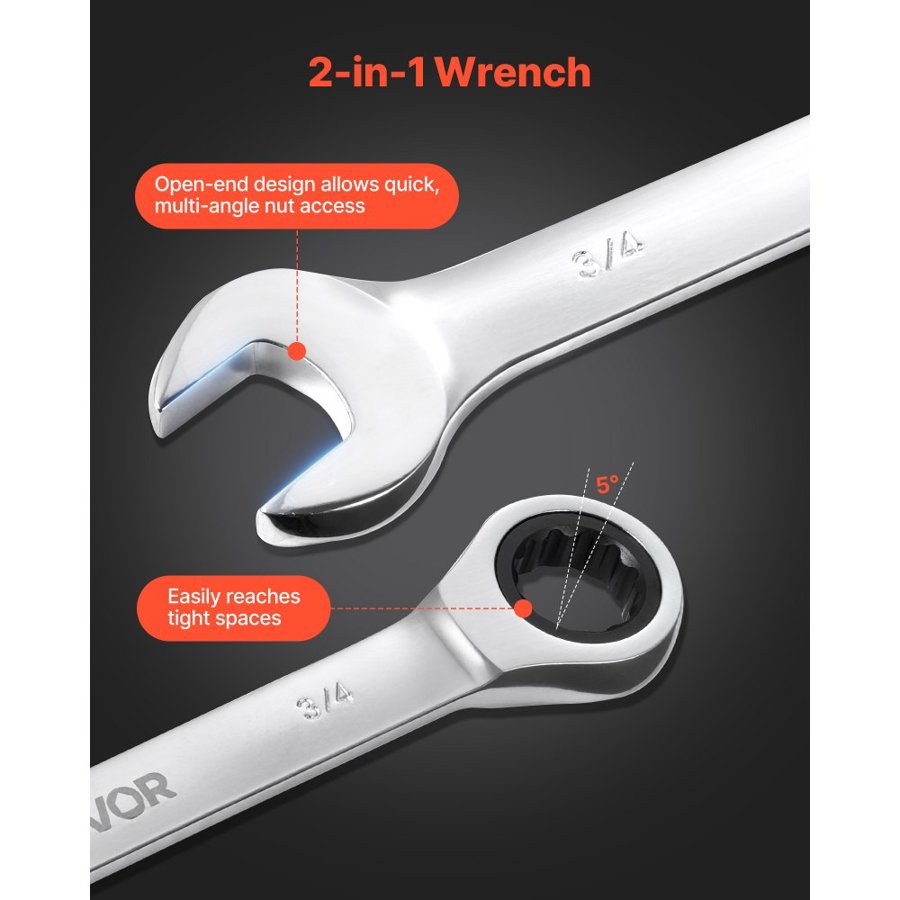 VEVOR Combination Wrench Set – 16PC, 72 Teeth, Cr-V, SAE