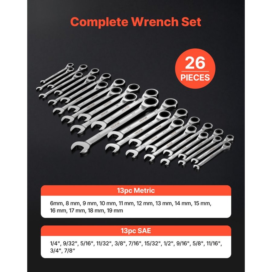 VEVOR Ratcheting Wrench Set – 26pcs, 3.58 kg, Cr-V Steel