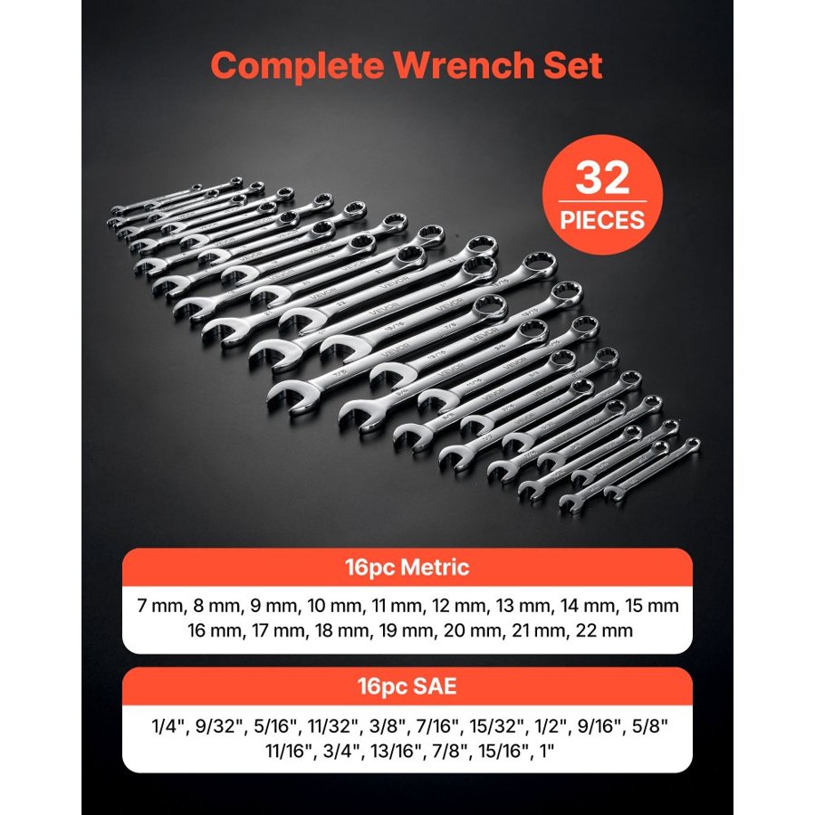 VEVOR Open and Box End Wrench Set – 32pc, 12pt, 15°, 7.72lbs