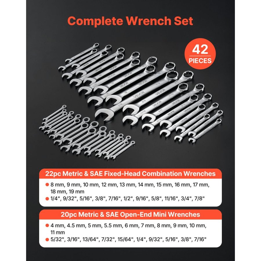VEVOR Standard Combination Wrench Set – 42PC, 12PT, 15°, SAE