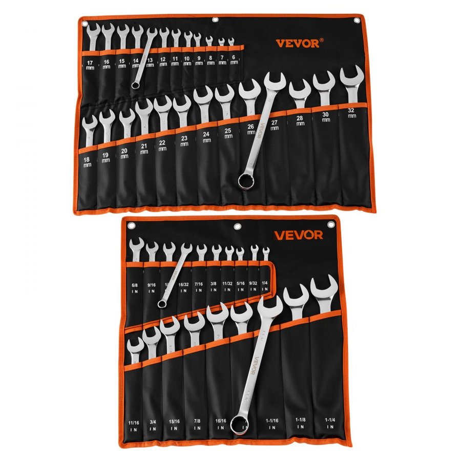VEVOR Combination Wrench Set, 44-Piece SAE and Metric, 12-Point Box End and 15° Angled Open End Combination Wrenches with Roll Up Pouch, Carbon Steel, for General Household and Automotive Repairs