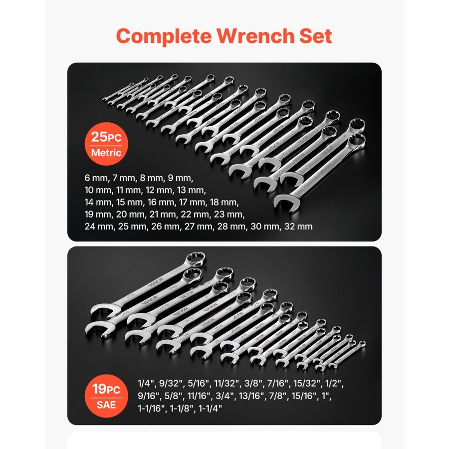VEVOR Combination Wrench Set, 44-Piece SAE and Metric, 12-Point Box End and 15° Angled Open End Combination Wrenches with Roll Up Pouch, Carbon Steel, for General Household and Automotive Repairs