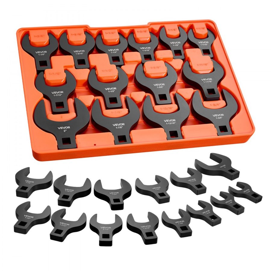 VEVOR Crowfoot Wrench Set, 1/2" Drive, 14-Piece SAE 1-1/16" to 2" Crows Foot Wrenches, 40Cr Alloy Steel, with Storage Tray, Dual Size Markings on Tools and Tray, for Auto Maintenance or Repairs