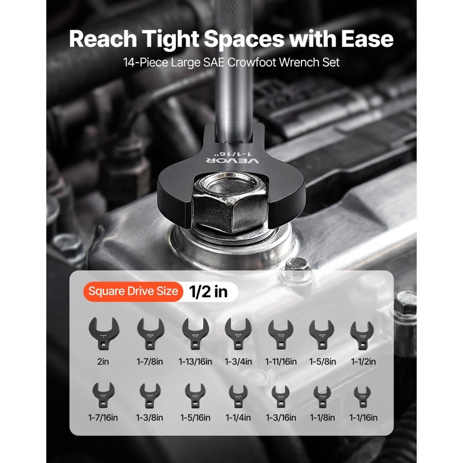 VEVOR Crowfoot Wrench Set, 1/2" Drive, 14-Piece SAE 1-1/16" to 2" Crows Foot Wrenches, 40Cr Alloy Steel, with Storage Tray, Dual Size Markings on Tools and Tray, for Auto Maintenance or Repairs