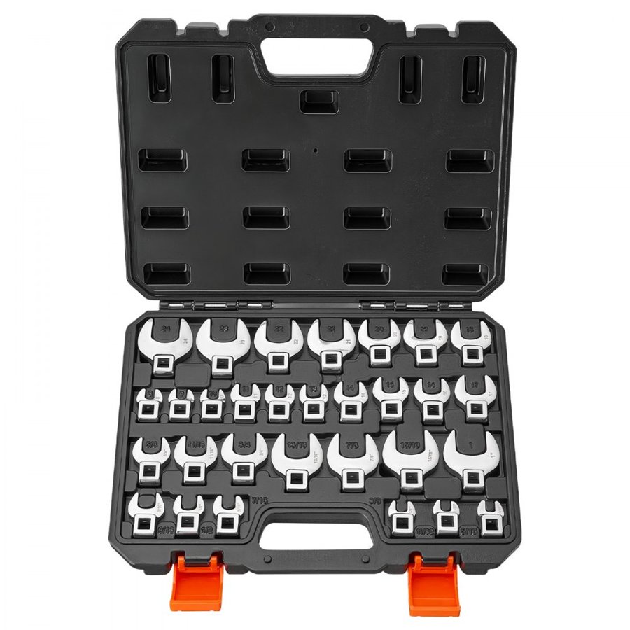 VEVOR Crowfoot Wrench Set, 3/8" Drive, 30-Piece Metric and SAE Size Crows Foot Wrenches, Cr-Mo Alloy Steel, with Storage Case, Dual Size Markings on Tools and Case, for Auto Maintenance or Repairs