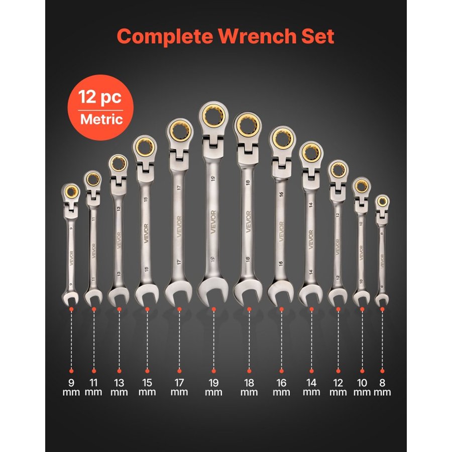 VEVOR Flex Head Ratcheting Wrench Set – 12pc, 4.48 lbs, Cr-V