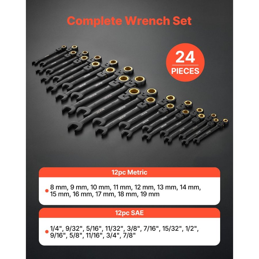 VEVOR Flex Head Ratchet Wrench Set – 24pc, Black, Cr-V